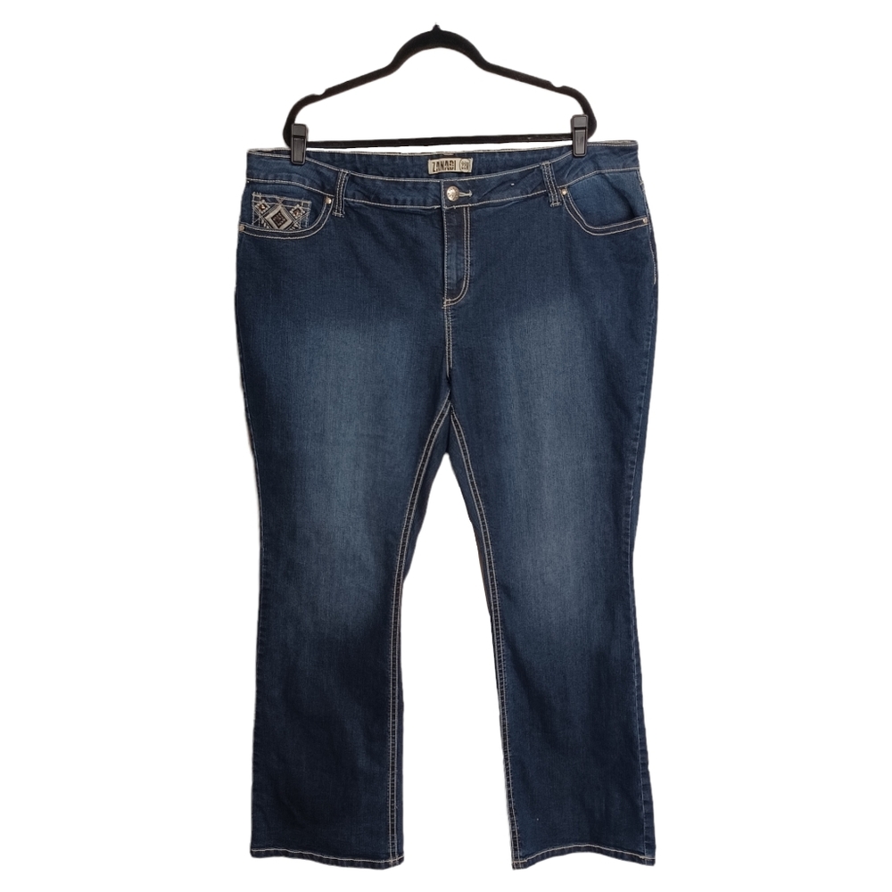 ZANADI Dark Medium Blue Cream Stitch Studded Embroidered Pocket Jeans 22W